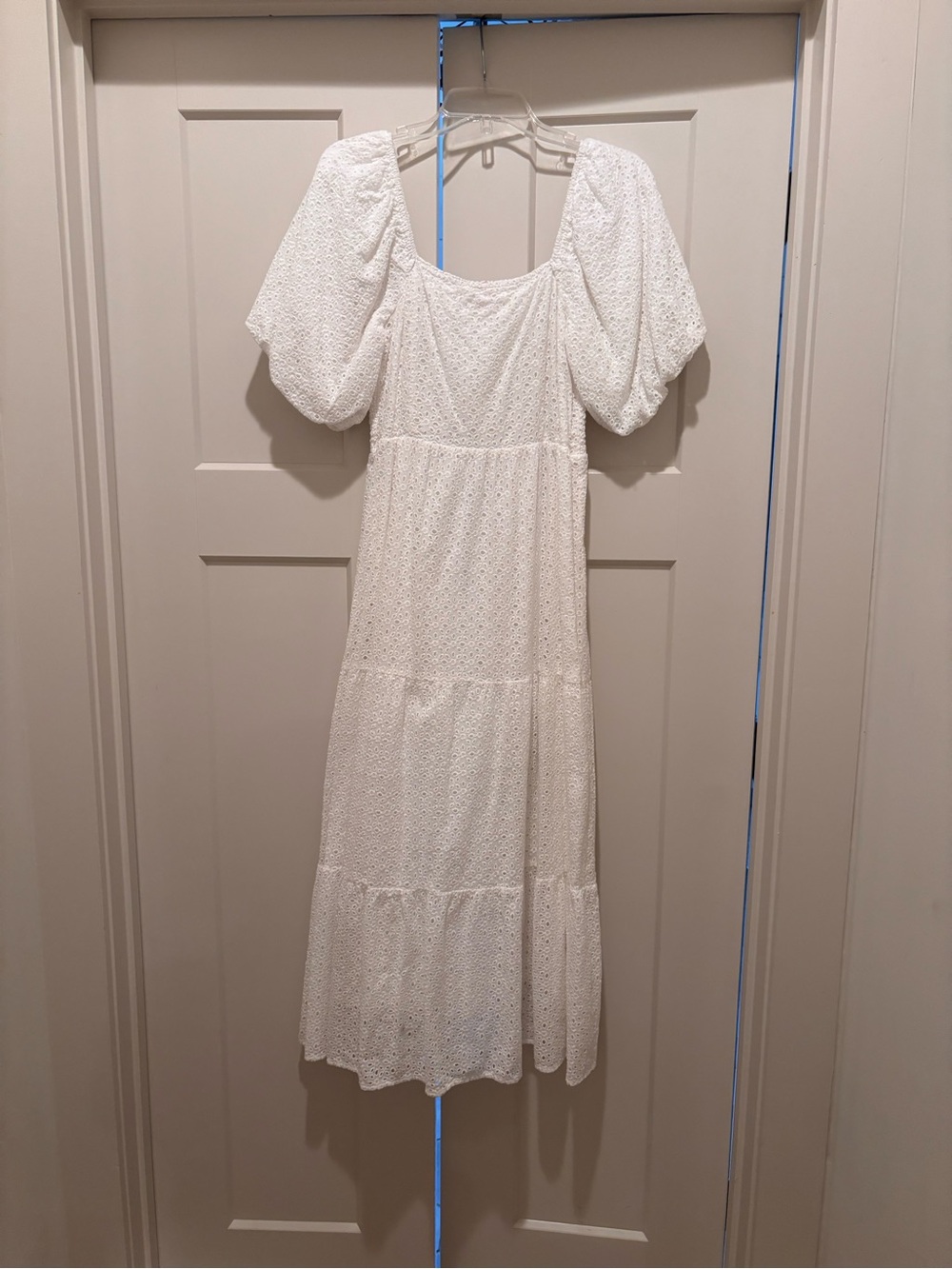 White Puff-Sleeve Eyelet Midi Dress